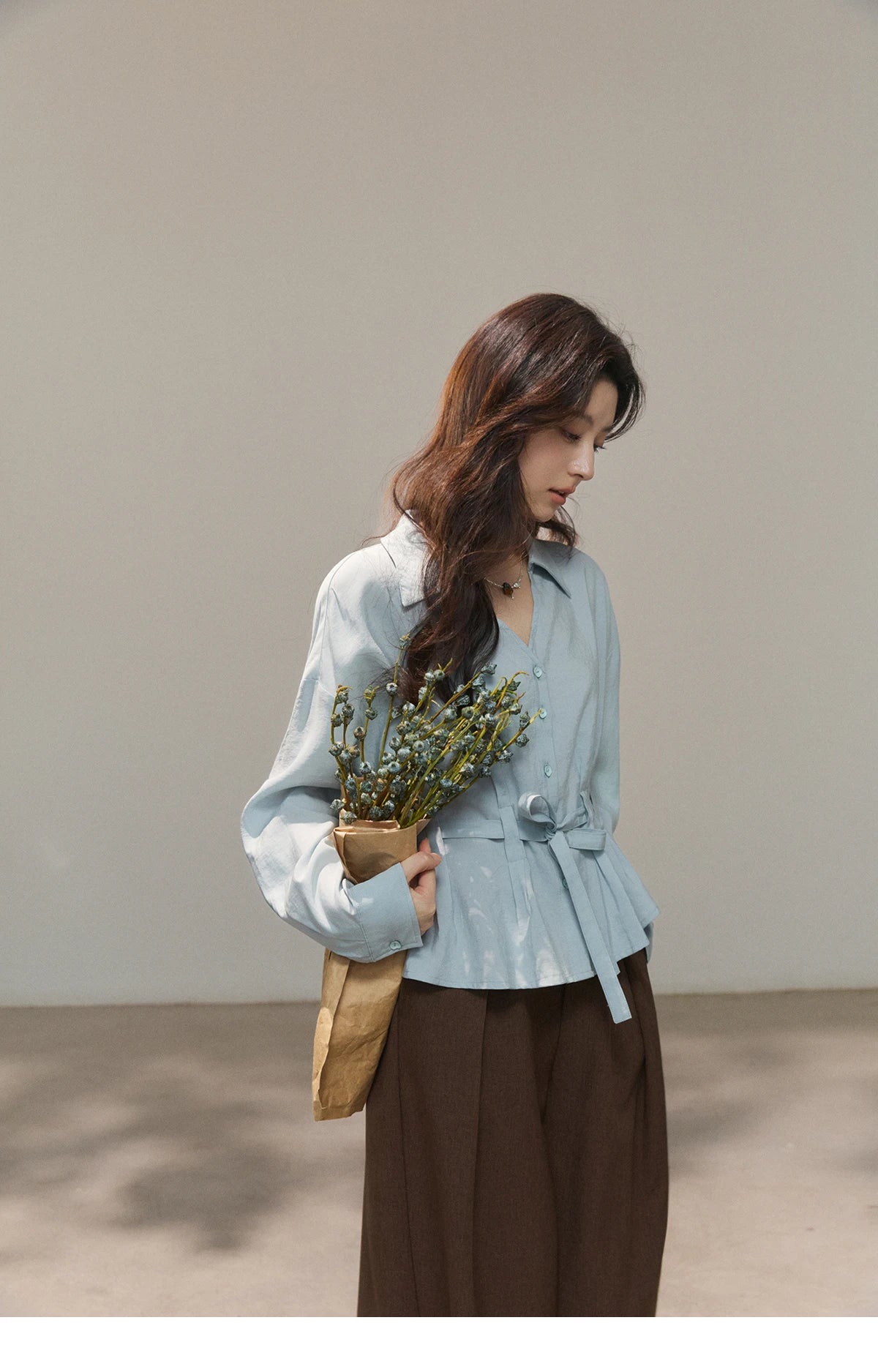 MISHOW Women's Light Blue Lyocell Shirt 2026 Spring Polo Neck V-neck Belted Waist Shirt Casual Peplum Long Sleeve Top MXF13C2437