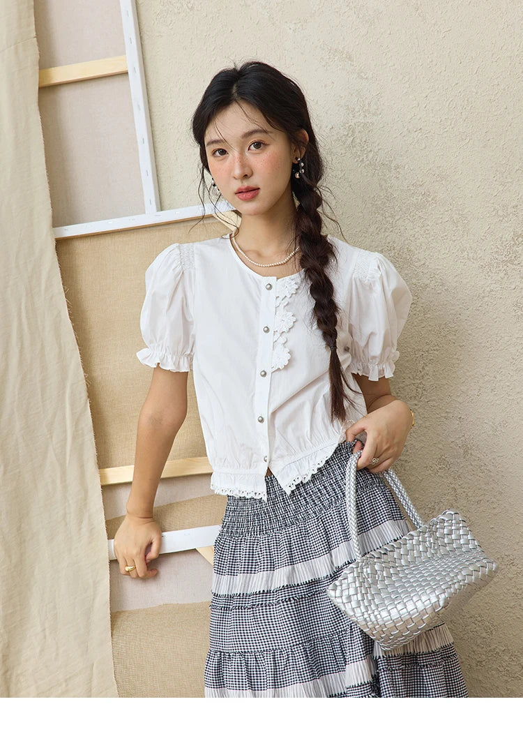 MISHOW Sweet Lace Pufff Sleeve Shirt Summer 2025 Flower Single Breasted Buttons Short Shirts Hem Elastic Waist Tops MXE34X1820