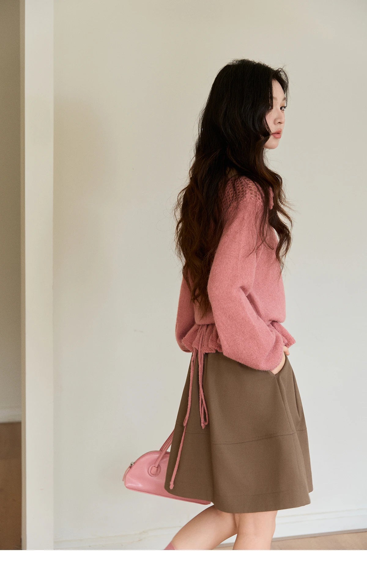 MISHOW Women's Pink Hollow-out Knitwear 2026 Spring Crew Neck Floral Embroidery Sweater Ruffled Hem Casual Loose Top MXE94Z2865