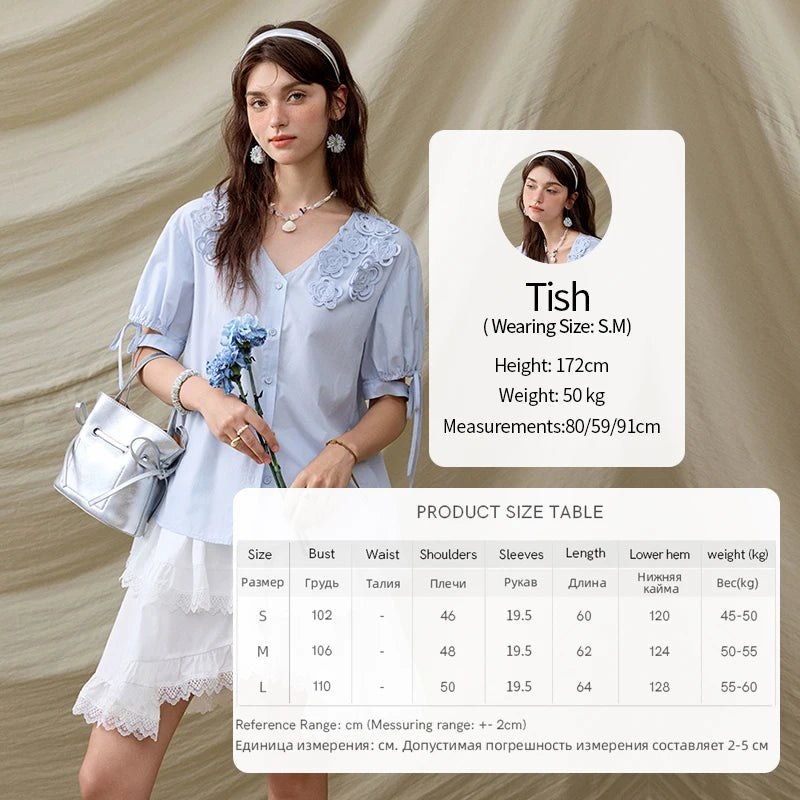 MISHOW French New Shirts Women Summer 2025 Solid Short Sleeve V-neck Embroidered Loose Blouses Female Loose Versatile MXE31X1774