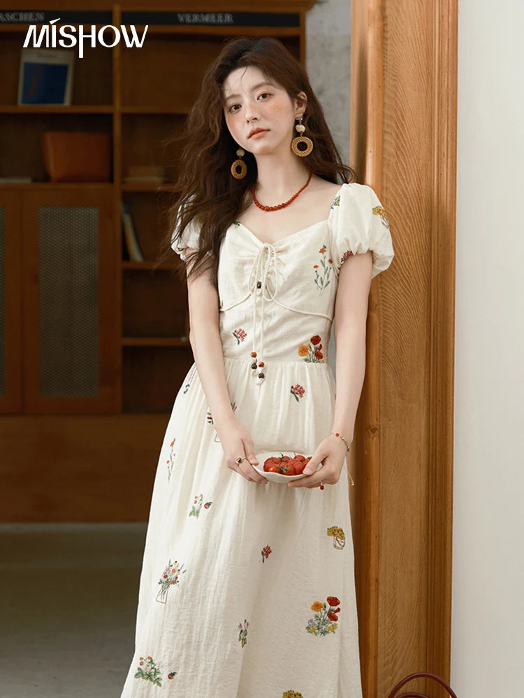 MISHOW Fashion Flower Embroidery Dress for Women Summer 2025 New Square Neck Lace Up Puff Sleeve Large Swing Dresses MXE37L2315