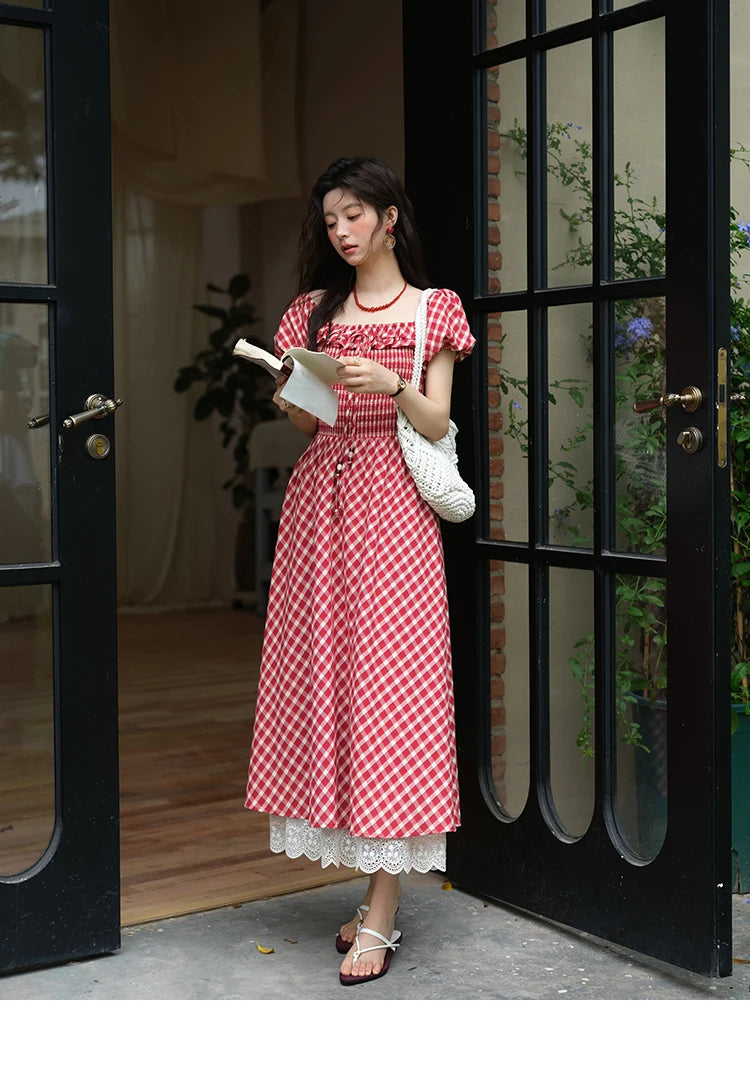 MISHOW Women's Retro Red Plaid Dress 2025 Summer New Square Neck Lace Up Hollow Out Spliced Dresses Women's Clothing MXE39L2324