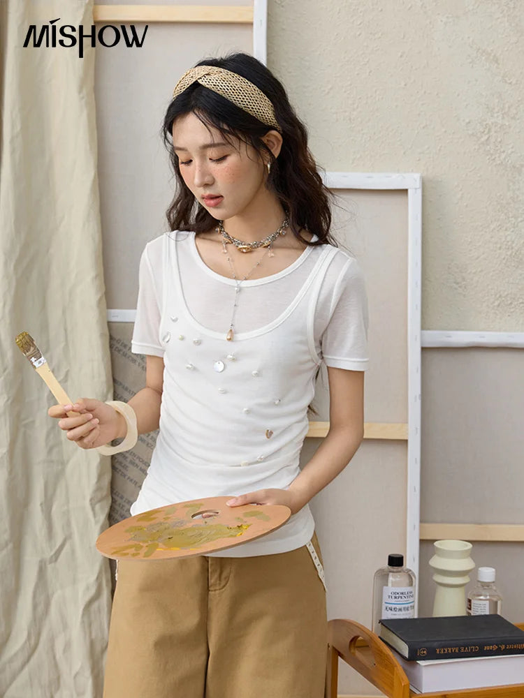 MISHOW White Fake Two Piece Bead Embroidered T-shirt for Women 2025 100 Cotton Tees Round Neck Knitted Breathable Top MXE35T0566