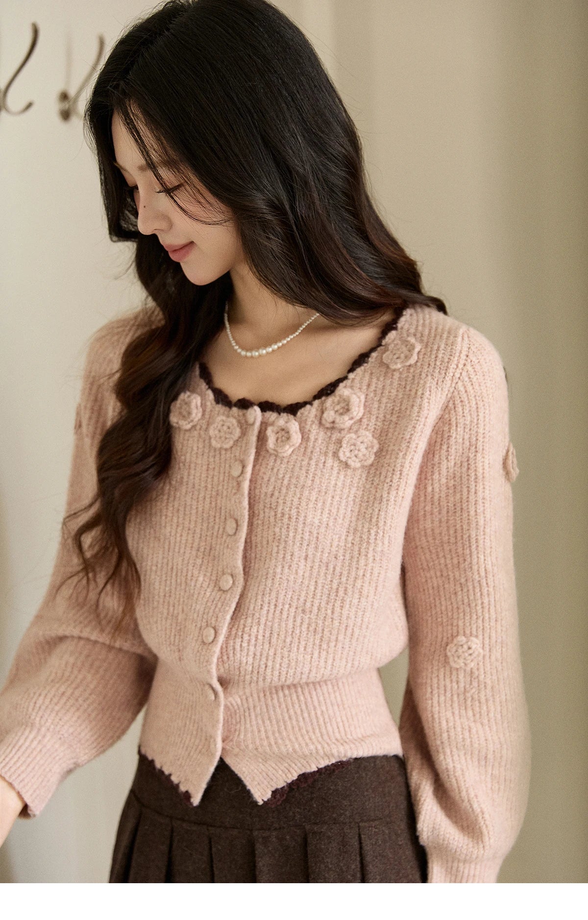 MISHOW Women's Pink Knitted Cardigan 2025 Autumn Winter Flower Decor Lace Trim Button Cardigan Slim Warm Pullover Top MXE94Z2862