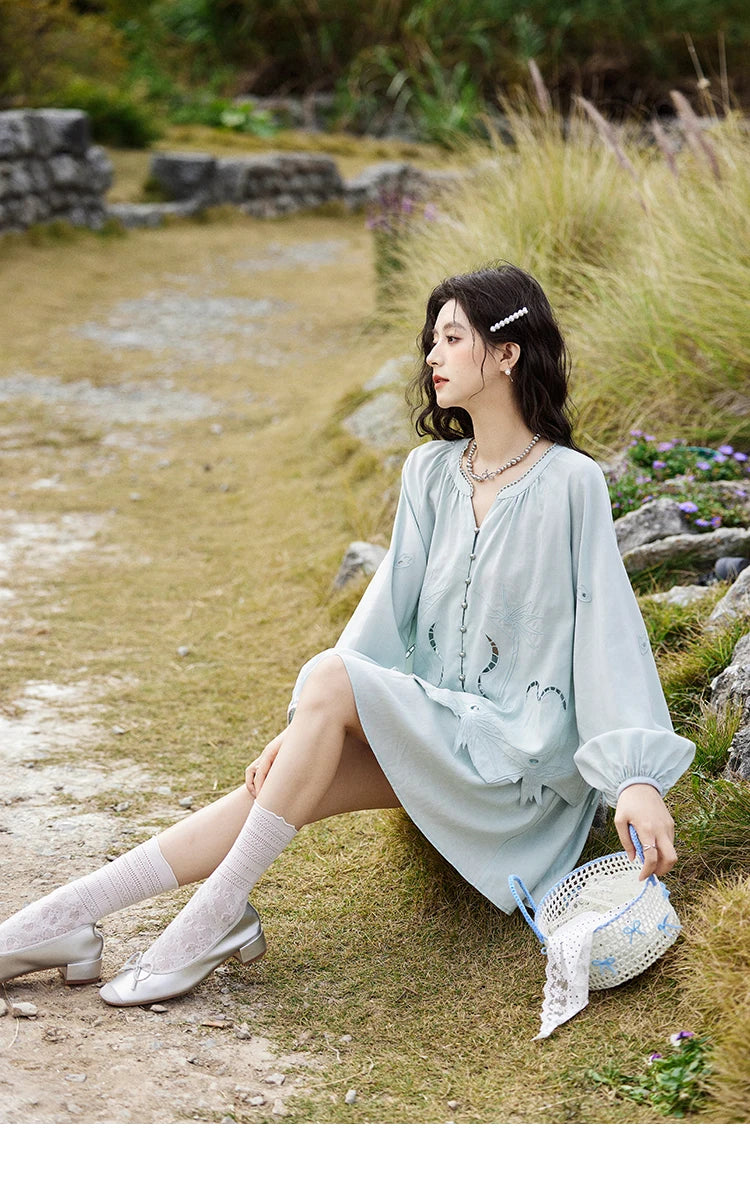 MISHOW Women's Sweet Blouses A-line Skirts Set Vintage Hollow Out Embroidery Loose Shirt Solid Skirt Two-piece Set MXE12T0455