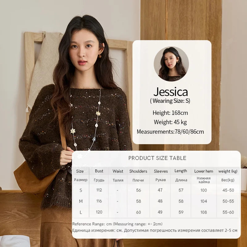 MISHOW Brown Chrysanthemum Yarn Sweaters Women Beltless 2025 Autumn Wool Blend Loose Round Neck Retro Knitted Tops MXE47Z2574