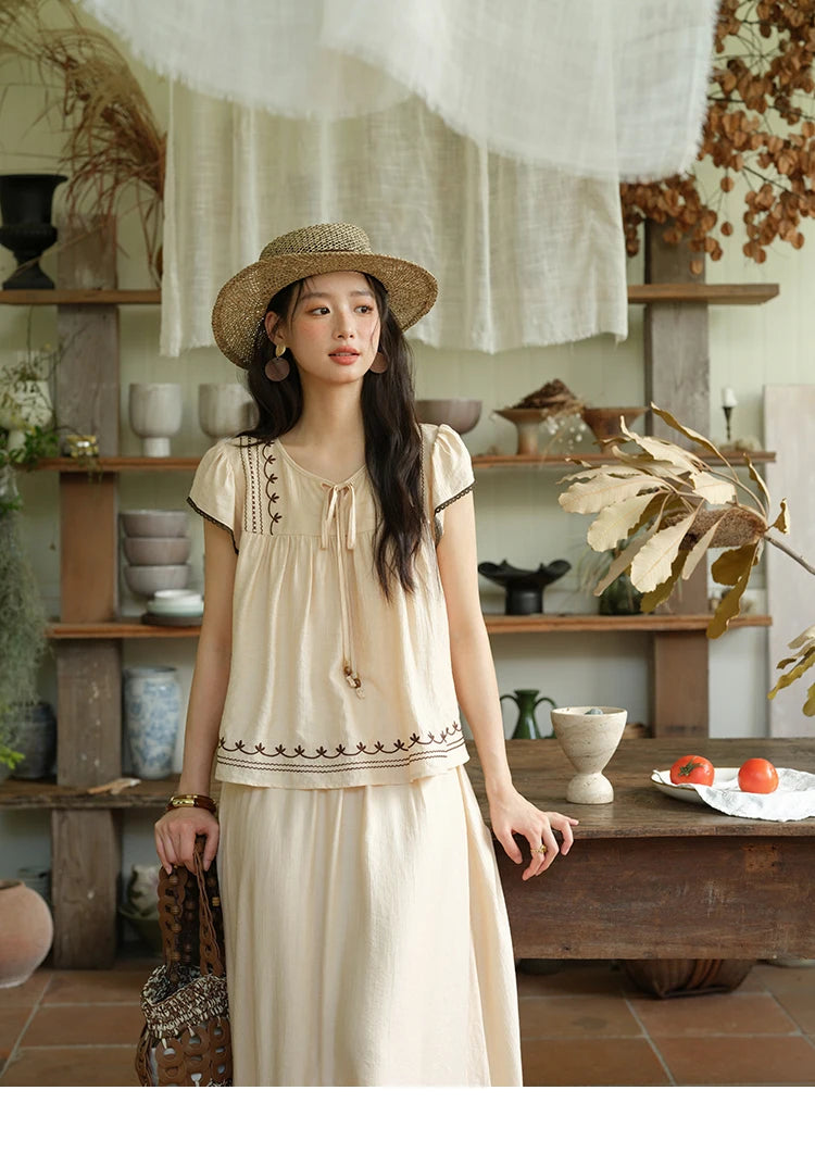 MISHOW Women Two Piece Set 2025 Summer Female Embroidery Flying Sleeve Lace Spliced Top Loose Elastic Waist Skirt Set MXE39T0667