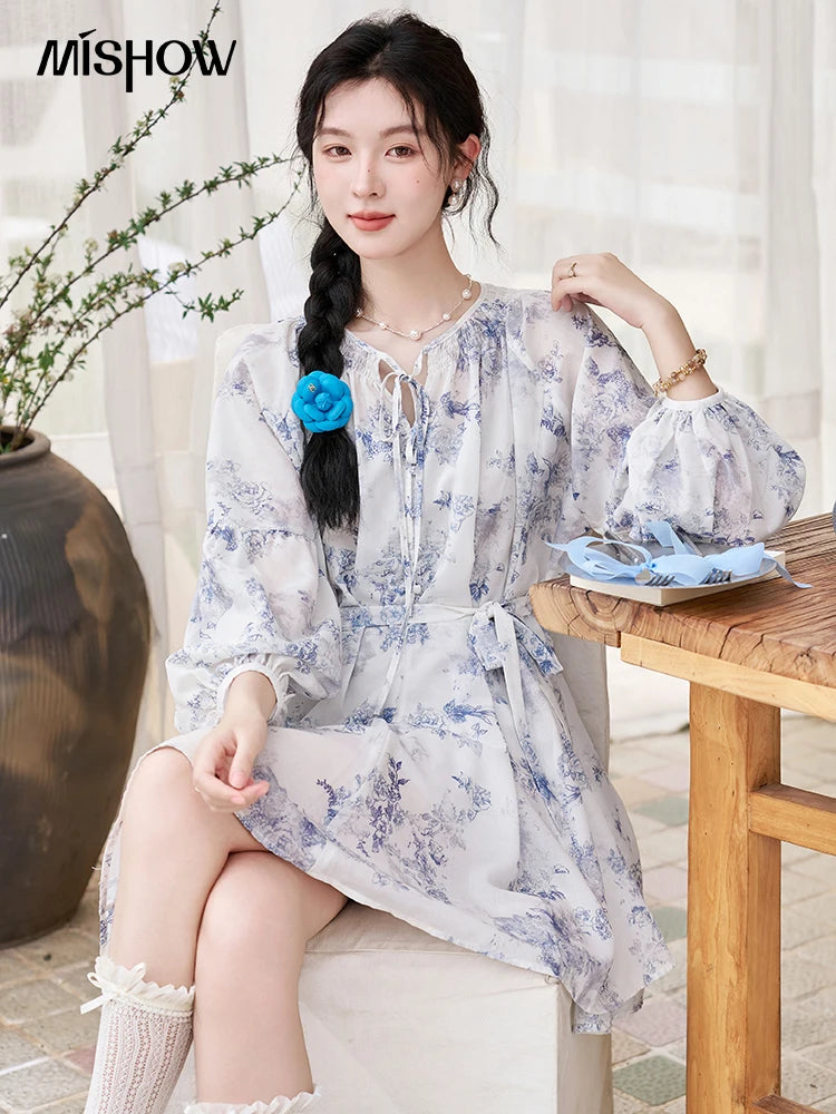 MISHOW Fairy Temperament Floral Puff Sleeved Chiffon Dress Spring Summer 2025 Lace-up O Neck Waist Knee-Length Dress MXD14L1681
