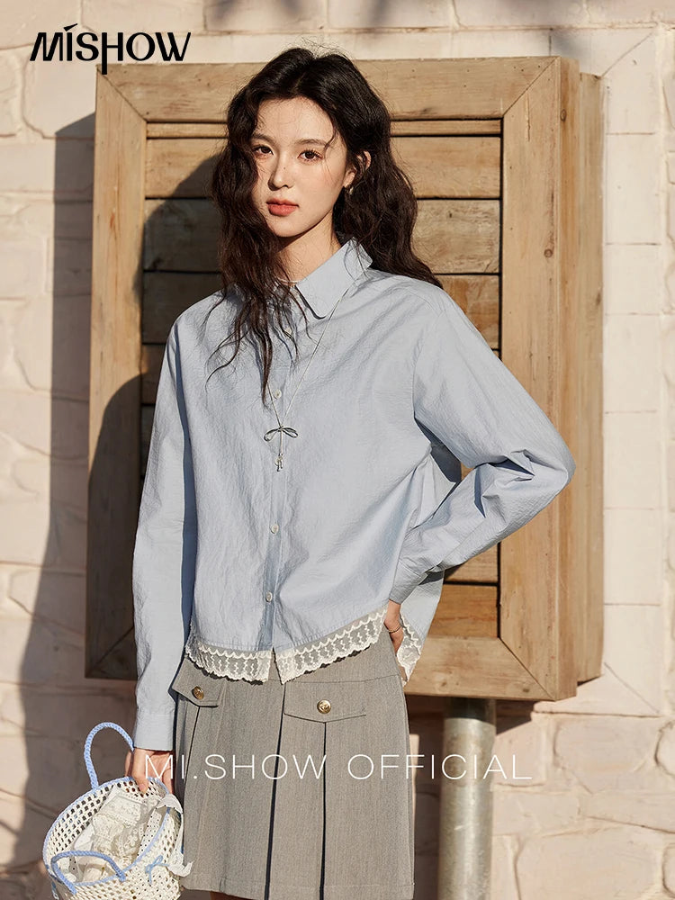 MISHOW Women's 100 Cotton Blue Shirt Spring 2025 Hem Lace Shirt Lapel Collar Commute Top Casual Solid Loose Shirts MXE12C0410