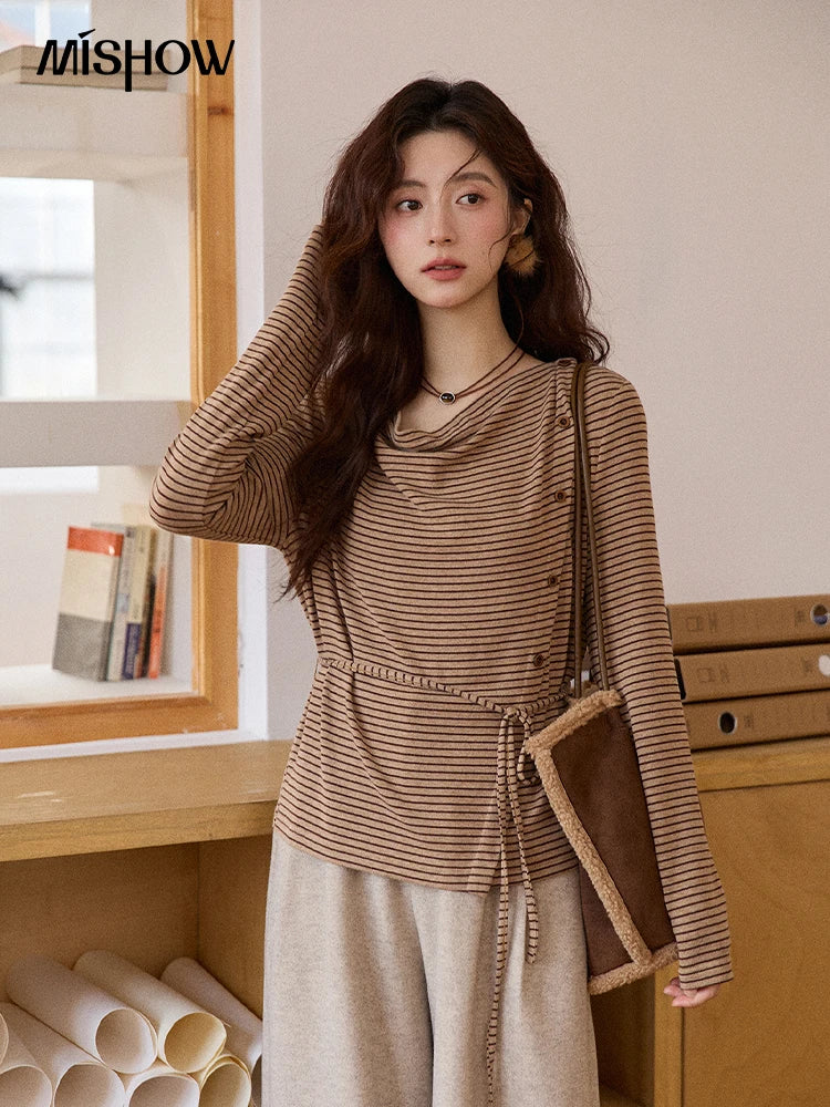 Mishow Retro Crew Neck Tie-Up Striped Top MXE87Z2700