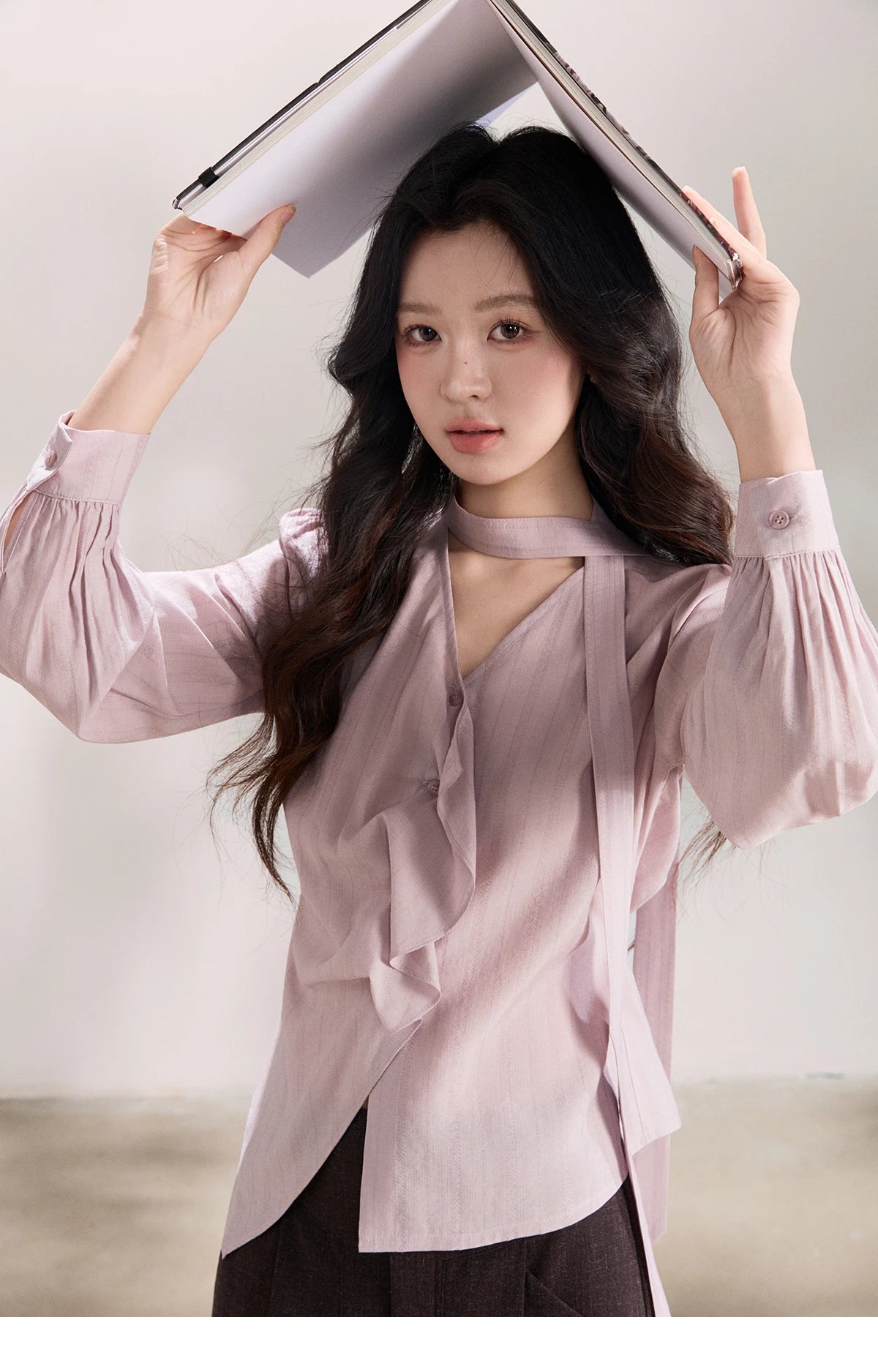 MISHOW Women's Purple Sweet Shirts 2026 Spring Ribbon V-Neck Ruffled Asymmetrical Shirt Back Lace-up Waist Casual Top MXF13X2527