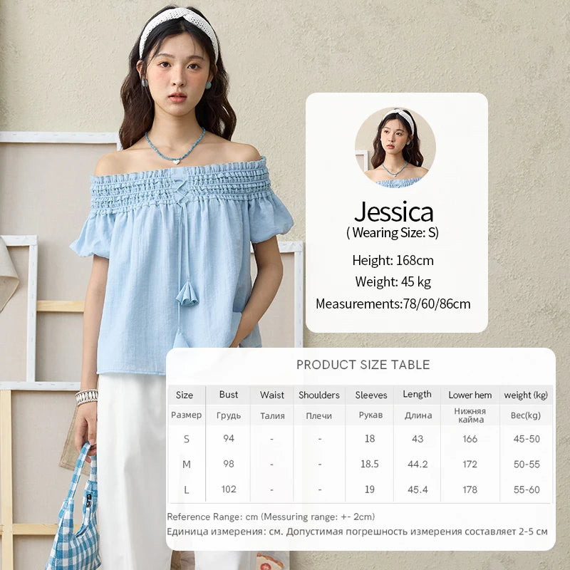 MISHOW Mist Blue One Shoulder Blouse Summer 2025 Elastic Pleated Flower Bud Sleeves Doll Blouses Cotton Blend Top MXE34X1796