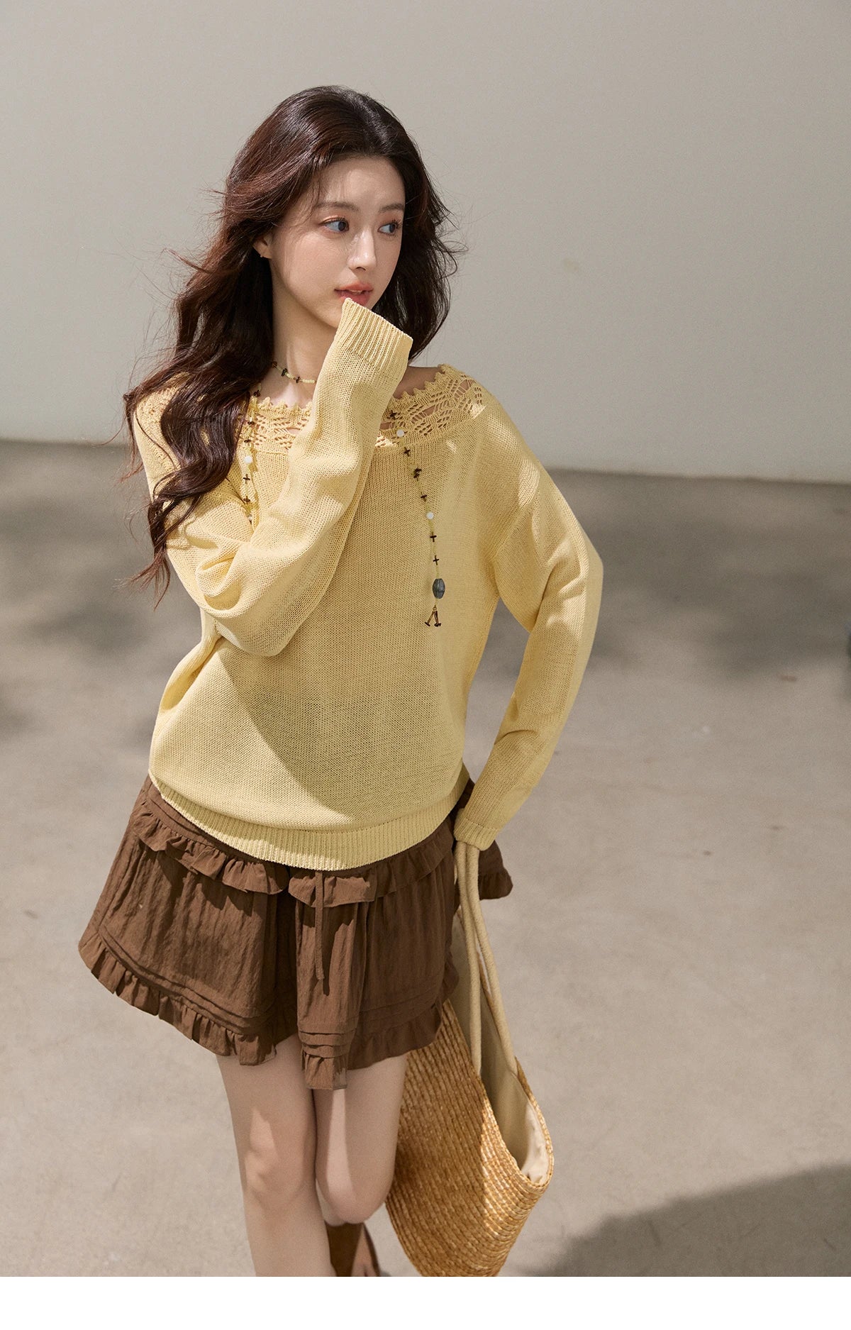 MISHOW Women's Hollowed Out Lace Trim Knit Tops 2026 Spring Boat Neck Long Sleeve Knitwear Casual Soft Yellow Sweater MXF15Z3050