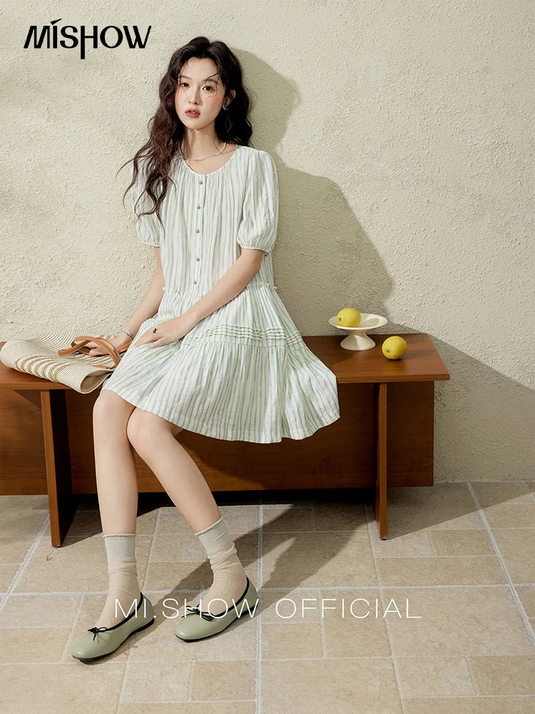 MISHOW French Green Striped Dress Women Summer 2025 Short Puff Sleeve Round Neck New Mid-length Dresses Woman Fashion MXE15L2141