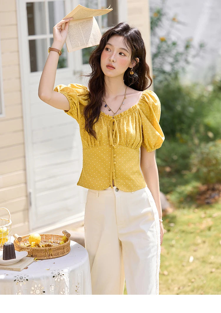 MISHOW Yellow Polka Dot One Shoulder Blouses for Women Summer 2025 Back Elastic Vintage 100 Cotton Top Lace-up Blouse MXE35X1840