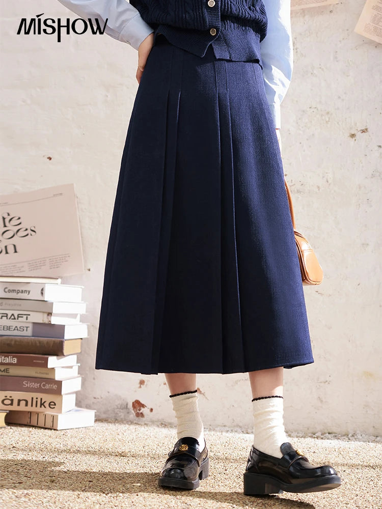 MISHOW Elegant A-line Skirt 2024 Spring Solid Preppy Style Commuter Pleated High Waist Slim Female Mid Length Skirts MXD12B0213