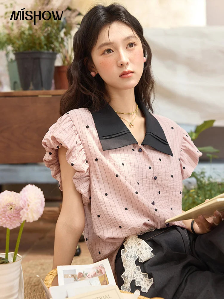 MISHOW Summer Office Lady Blouses Women 2025 Short Sleeve Turn-down Collar Polka Dot Shirts Female Fashion Slim Tops MXE31C0776