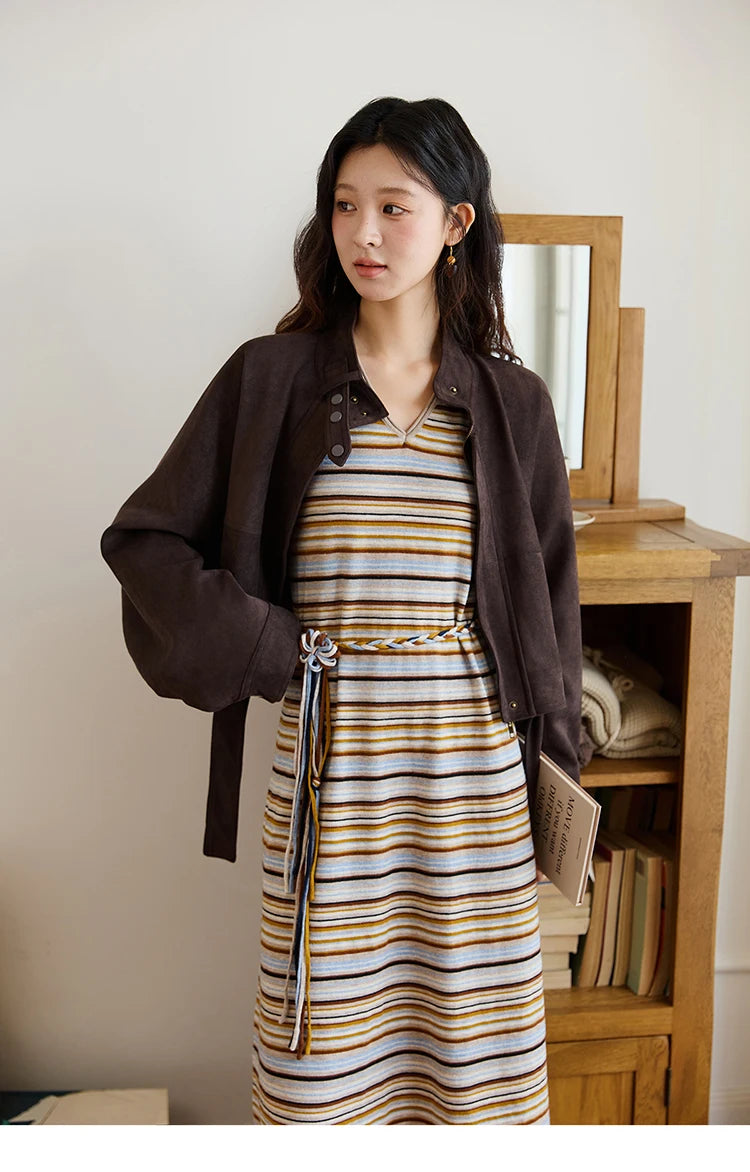 MISHOW Women's Striped V-neck Dress Autumn 2025 Loose Sleeveless Core Spun Yarn Dresses Tied Waist Casual Long Dress MXE46L2521