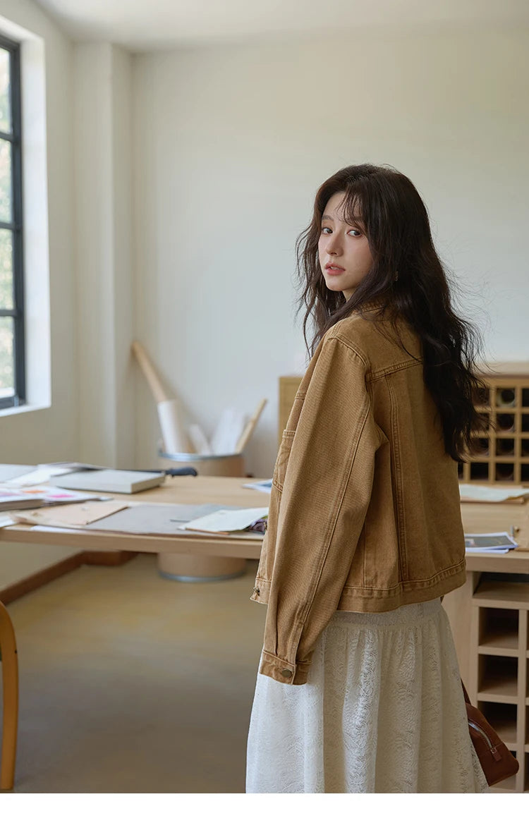 MISHOW Light Brown Vintage Denim Jacket for Women 2025 Autumn Embroidered Pockets Dropped Sleeve Retro Loose Jacket MXE41W0795