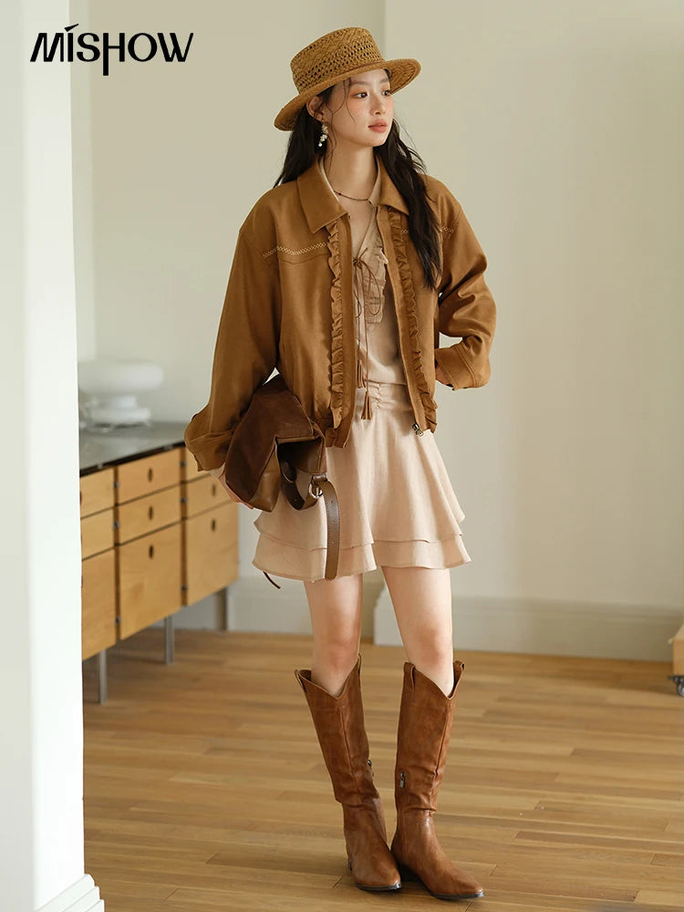 MISHOW Women's Bohemian Skirt Set Autumn Lyocell Blend V Neck Ruffle Suede Tassels Tie Top Back Elastic Waist Skirt MXE43T0727