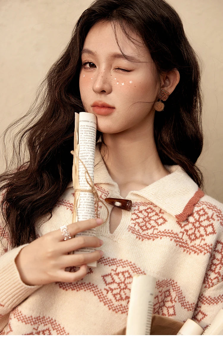 MISHOW Fair Isle Knitting Sweater Women Christmas Turn Down Collar Pullovers Versatile Soft Warm Office Lady Warm Top MXD59Z1042