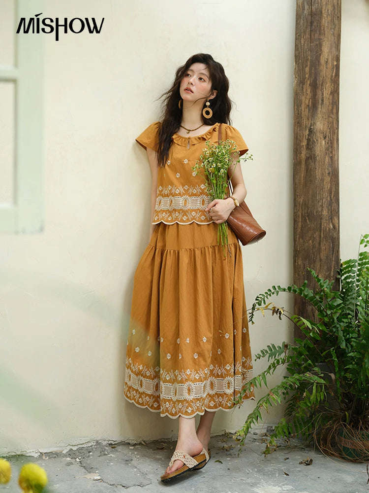 MISHOW Women's Clothing Two Piece Set 2025 French Lace Embroidery Blouse A-line Straight Half Skirt Ladies Summer Set MXE39T0645