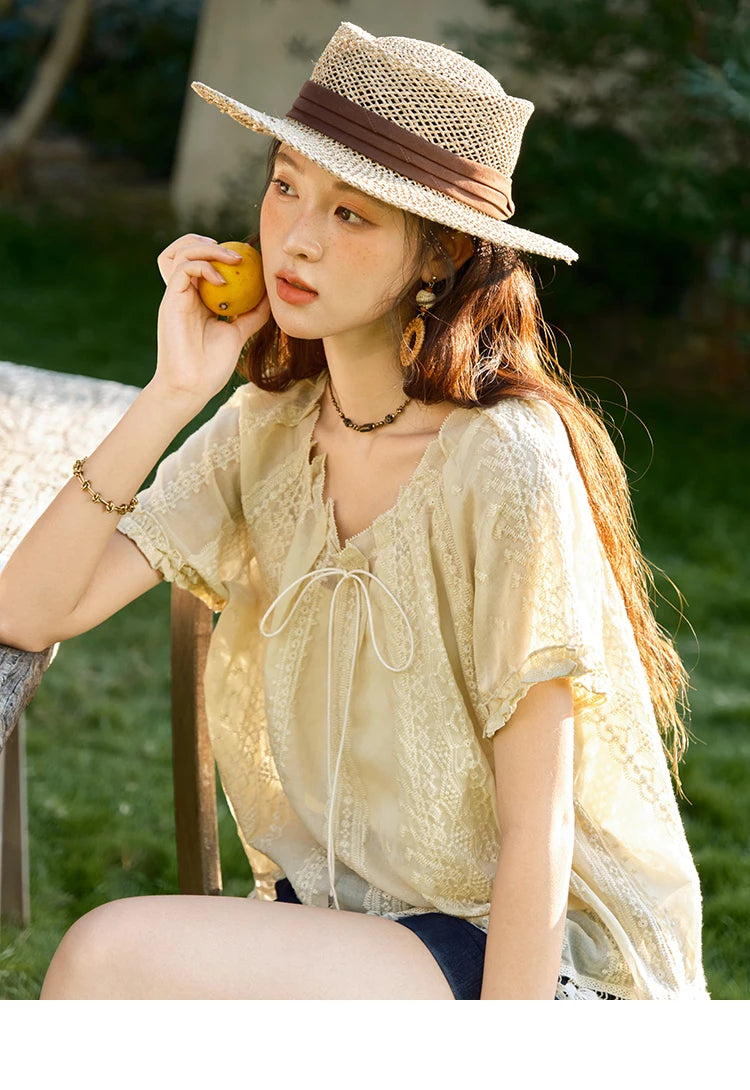 MISHOW Women's Embroidery Jacquard Blouse 2025 Summer New Fashion O-Neck Lace Up Short Sleeve Blouse Female Clothing MXE37X1861