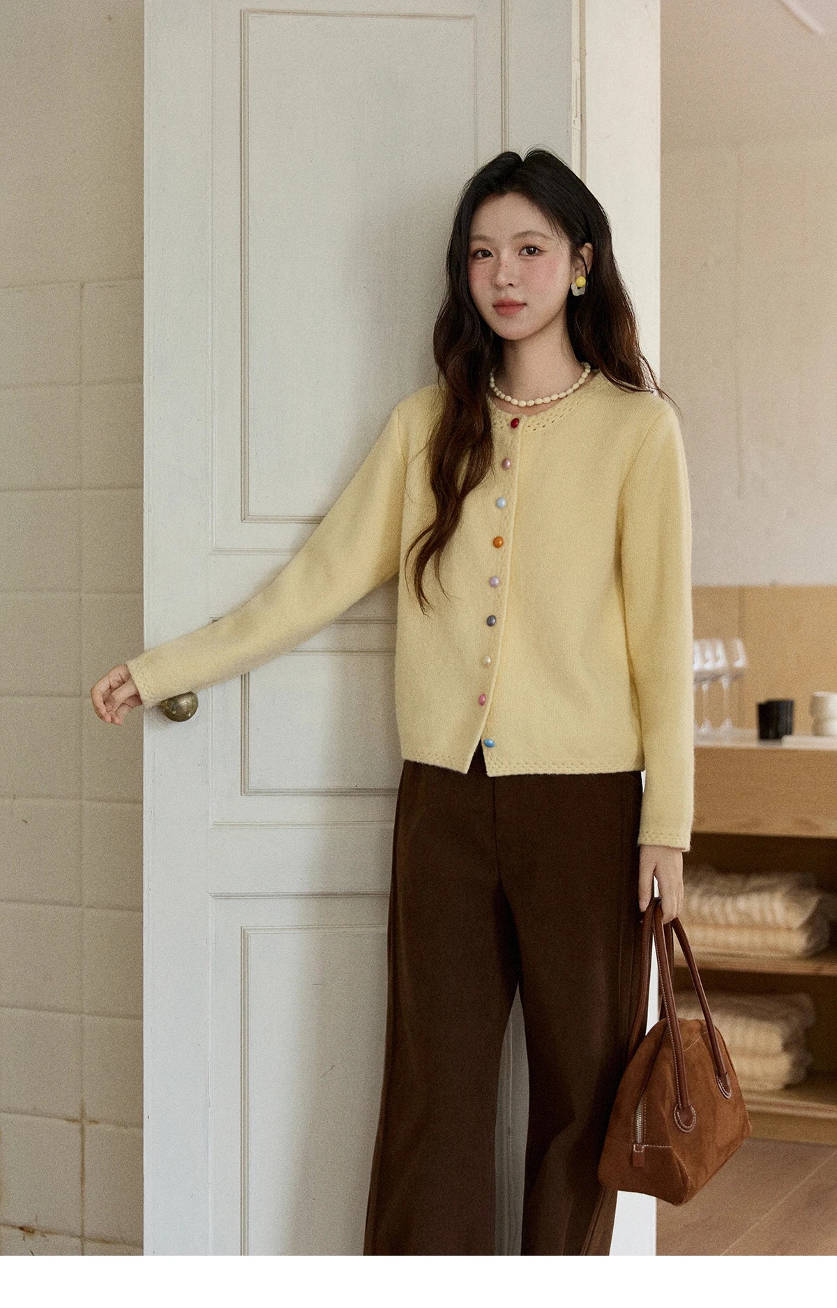 MISHOW Women's Cardigan 2025 Slim Fit Hollow Out Round Neck Rainbow Button Sweater French Style Solid Warm Knitwear MXE90Z2796