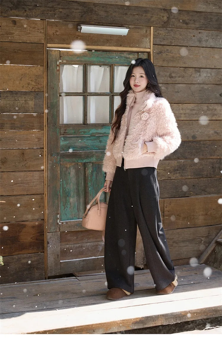 MISHOW Women's Pink Stand Collar Faux Lamb Wool Coat Winter Flower Brooch Warm Outerwear with Pockets Metal Zipper MXE91W0974