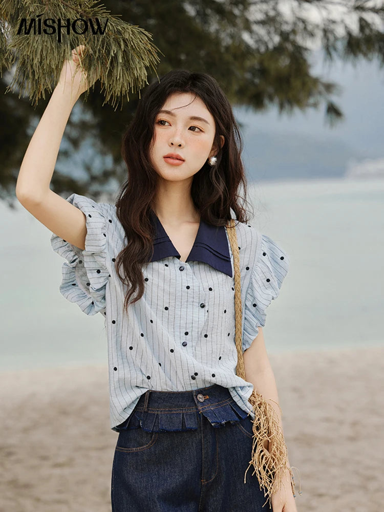 MISHOW Summer Office Lady Blouses Women 2025 Short Sleeve Turn-down Collar Polka Dot Shirts Female Fashion Slim Tops MXE31C0776
