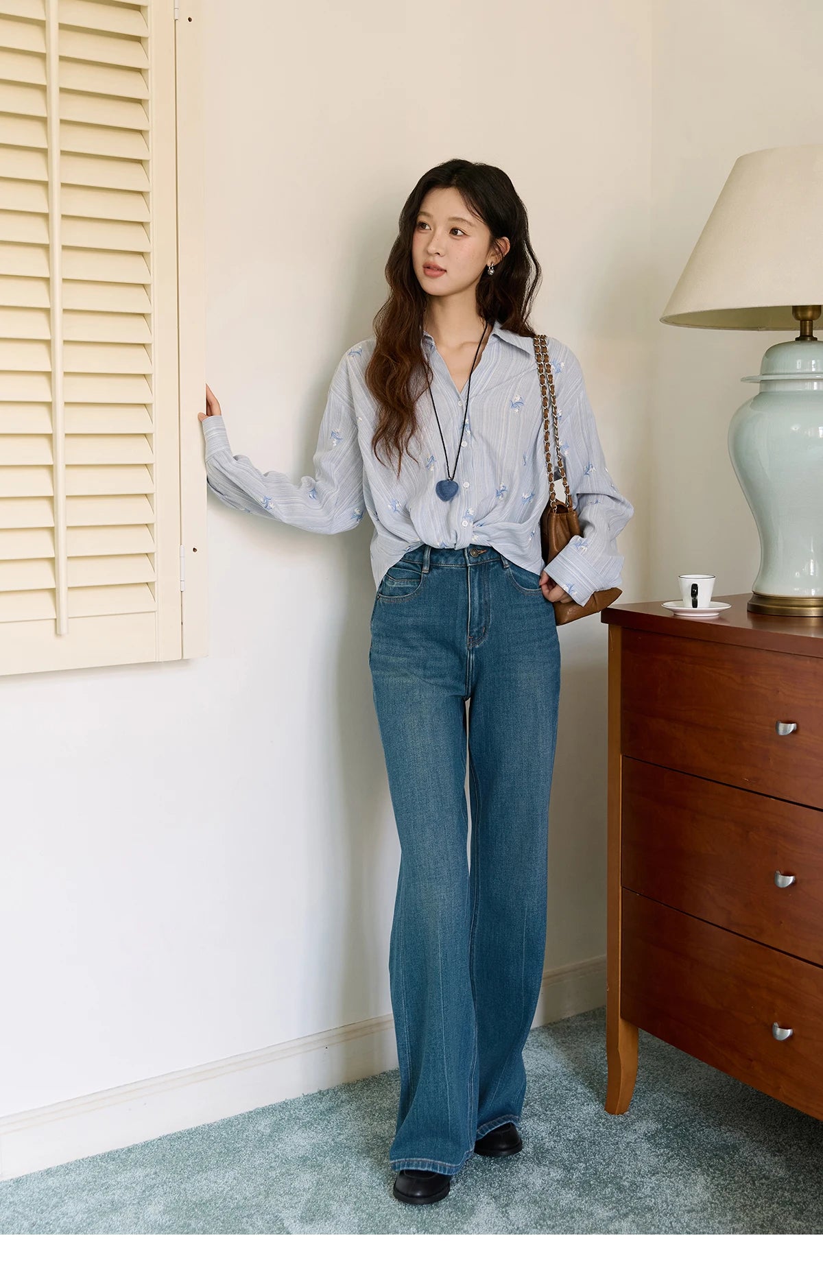 MISHOW Long Sleeve Shirts for Woman 2025 Autumn Retro Blue Single-breasted Blouse Floral Embroidery Casual Tops MXE45X2495