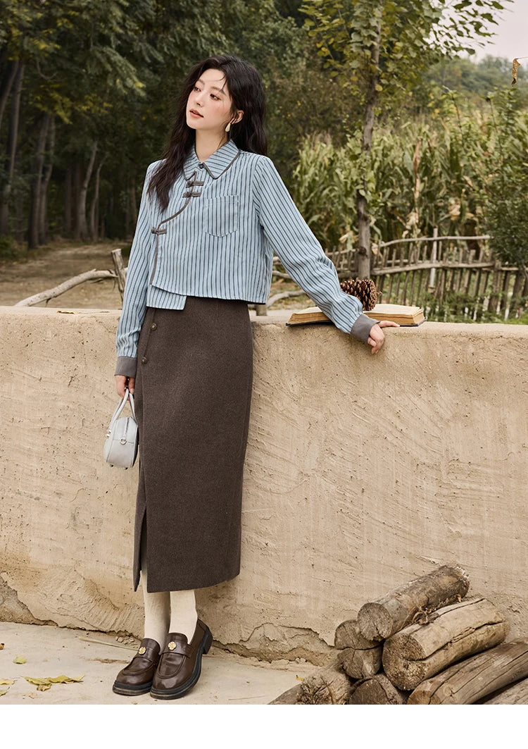 MISHOW Plaid Tweed Skirt Long-sleeved Jacket Long Skirt Separately Winter 2024 Korean O Neck Coat Front Slit Skirt MXD43W0445