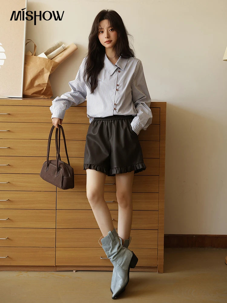 MISHOW Women's Striped Asymmetric Shirt 2025 Autumn New Arrival Vintage Loose Long Sleeve Tops Commuter Woman Clothes MXE42C2375