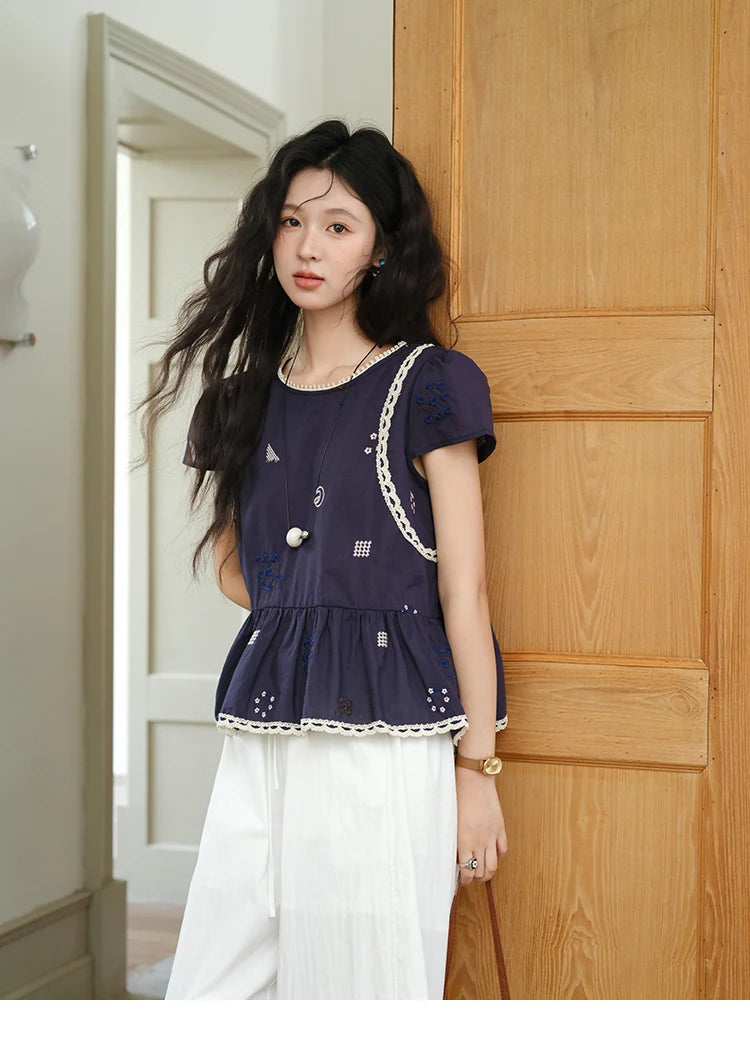 MISHOW Women's O-Neck Spliced Lace Blouse 2025 Summer New Fashion Embroidery Flower Casual Loose Top Ladies Clothing MXE39X1965