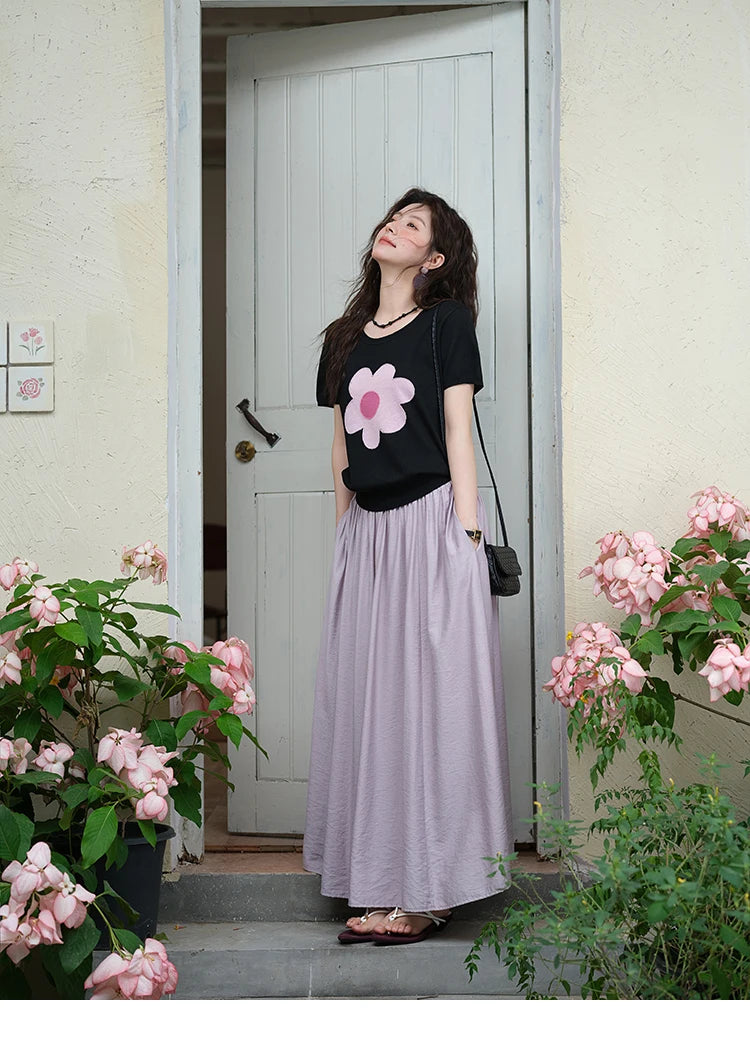 MISHOW Contrast Color Flower Knitted T-shirts for women 2025 Summer New Round Neck Top Women's Clothing Commute Tee MXE39Z1311