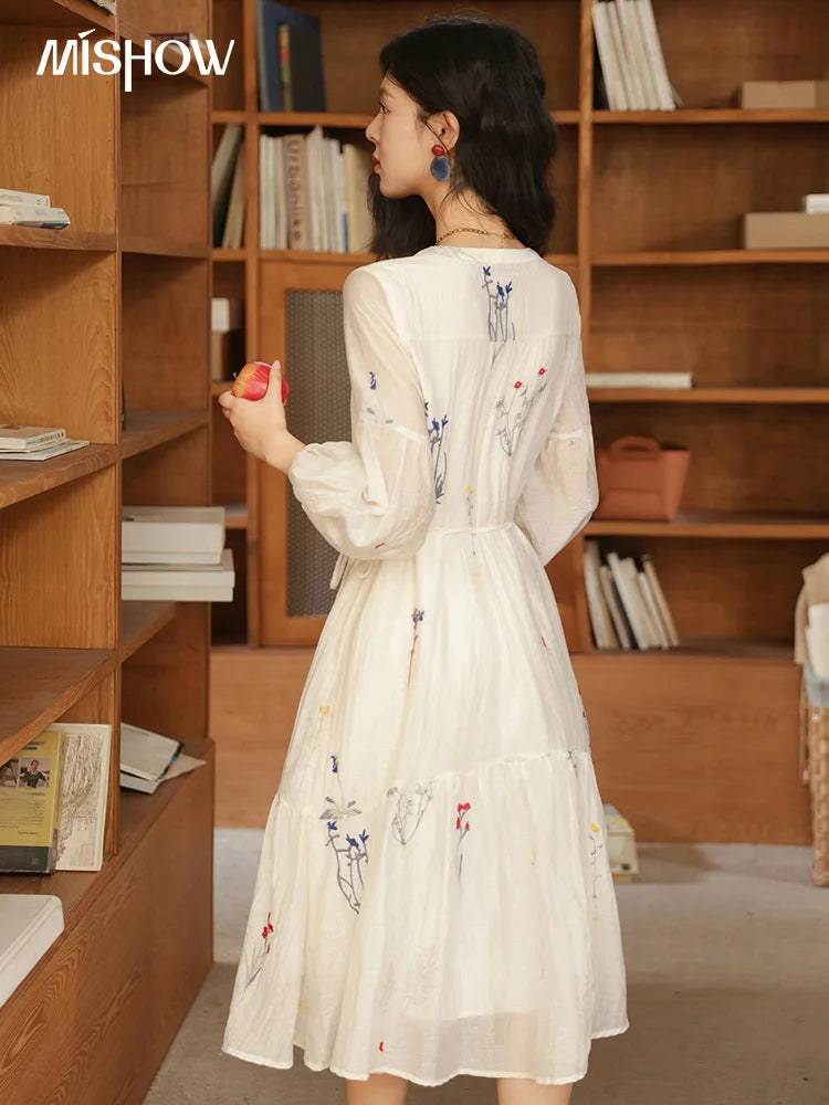 MISHOW Beige Flower Embroidered Dress for Women 2025 Autumn Curved Collar Lantern Sleeves Tied Waist Long Dresses MXE41L2487