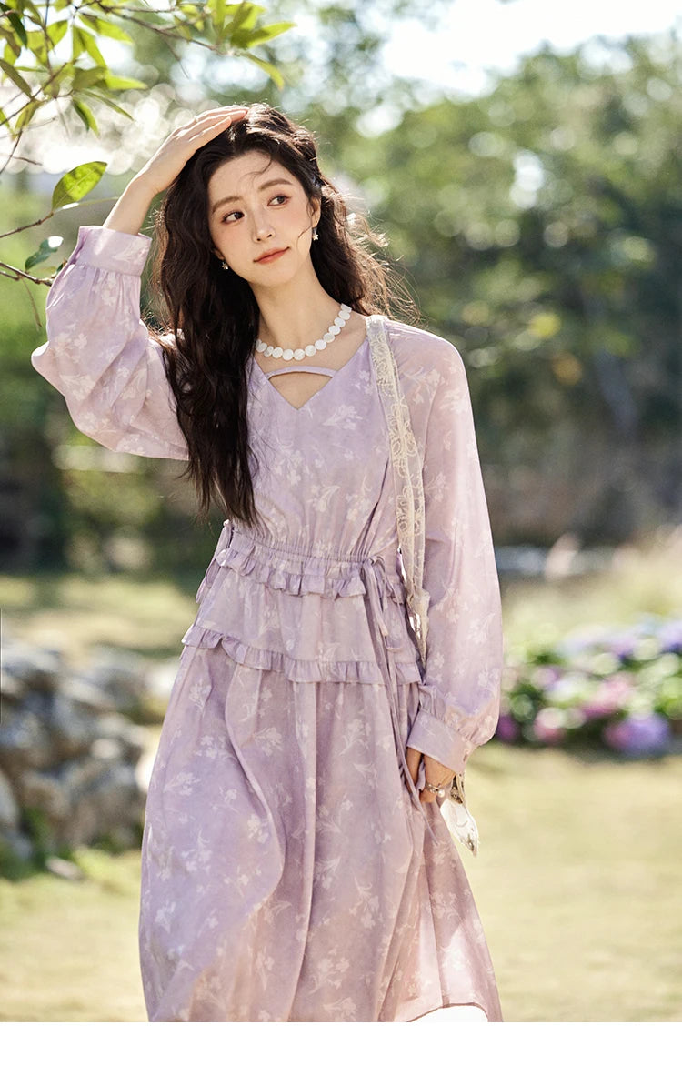 MISHOW Elegant Black Fungus Edge Dress for Women Spring 2025 Floral Lace-up Waist Dresses Long Sleeved Cake Dress MXE13L2101