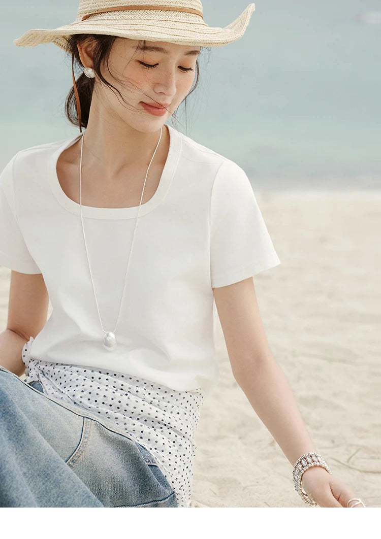 MISHOW Solid Casual T-shirts Women Summer 2025 New Square Neck Short Sleeve Shirt Female Fashion Straight Tops Woman MXE15T0483