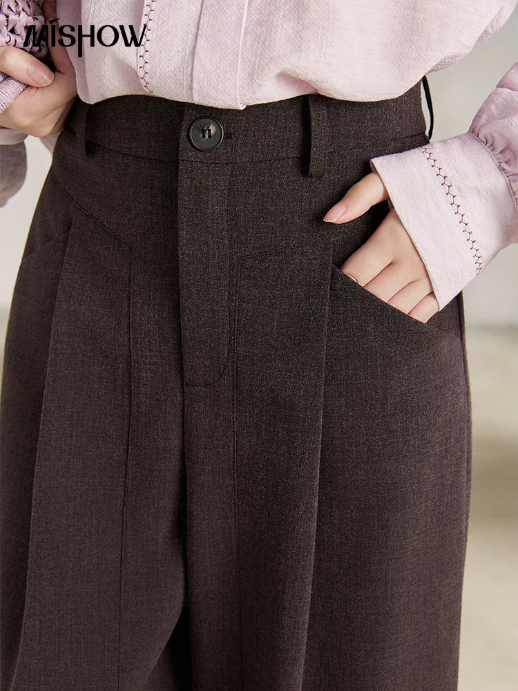 MISHOW Women's Dark Purple Wide Leg Pants 2026 Spring High Waist Pleated Pants Back Elastic Waist Casual Trousers MXF13K1204