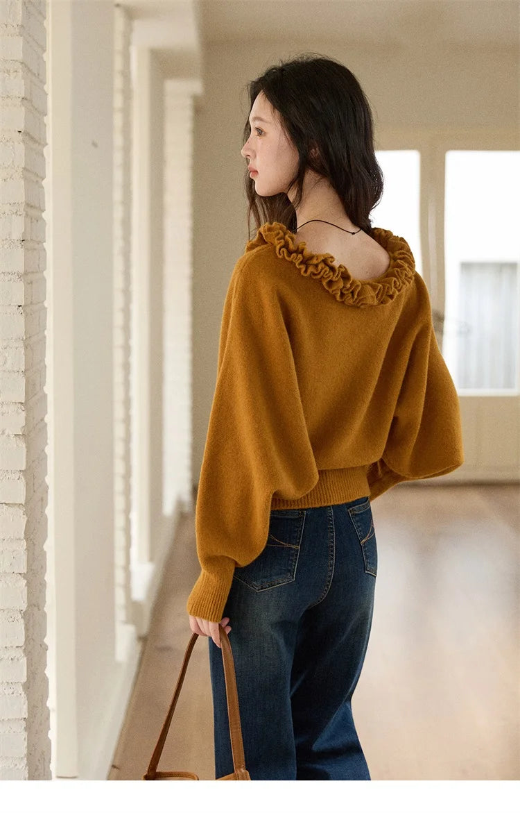MISHOW Pullovers Women 2025 French Style Orange Lotus Edge Crew Neck Lantern Sleeves Top Slim Luxury Women's Sweaters MXE86Z2726
