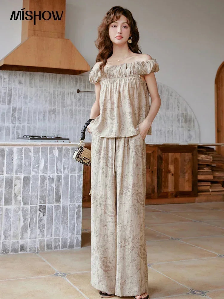 MISHOW Ink Printing Slash Neck Top Wide Leg Trouser Separately Summer Elastic Waist Pants Folds Chiffon Office Lady MXC39X1298