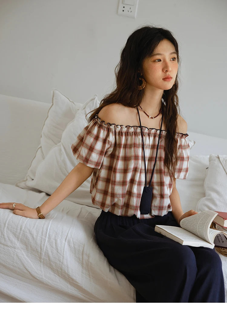 MISHOW Two Piece Set for Women Retro Red Grid Puff Sleeve Top+Casual Elastic Waist Wide Leg Pants Set 2025 Summer New MXE37T0649