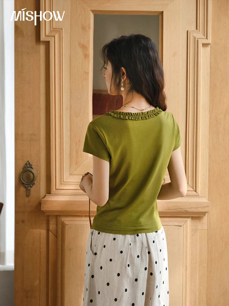 Mishow Lace V-Neck Short Sleeve Tee MXE35T0562
