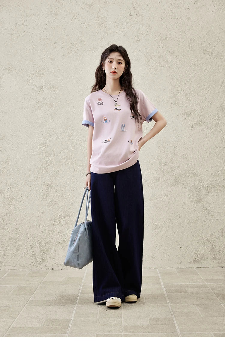 MISHOW Casual Spring Summer Jeans for Women 2025 Stitching Ruffle High Waist Jeans Female New Fashion Wide Leg Pants MXE16K0907