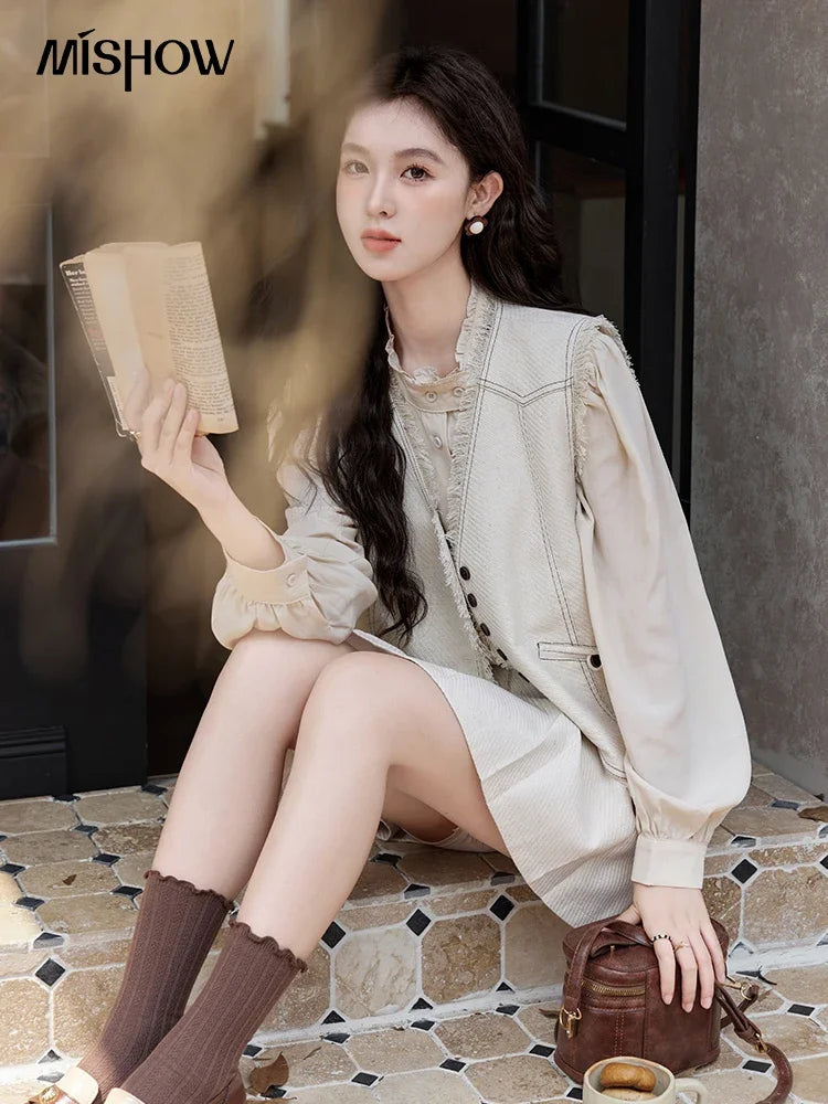 MISHOW Vintage Women Shirt Vest Coat Short Skirt Separately 2024 Fall Winter French Apricot Stand Neck Shirt Sweet MXD48C0365