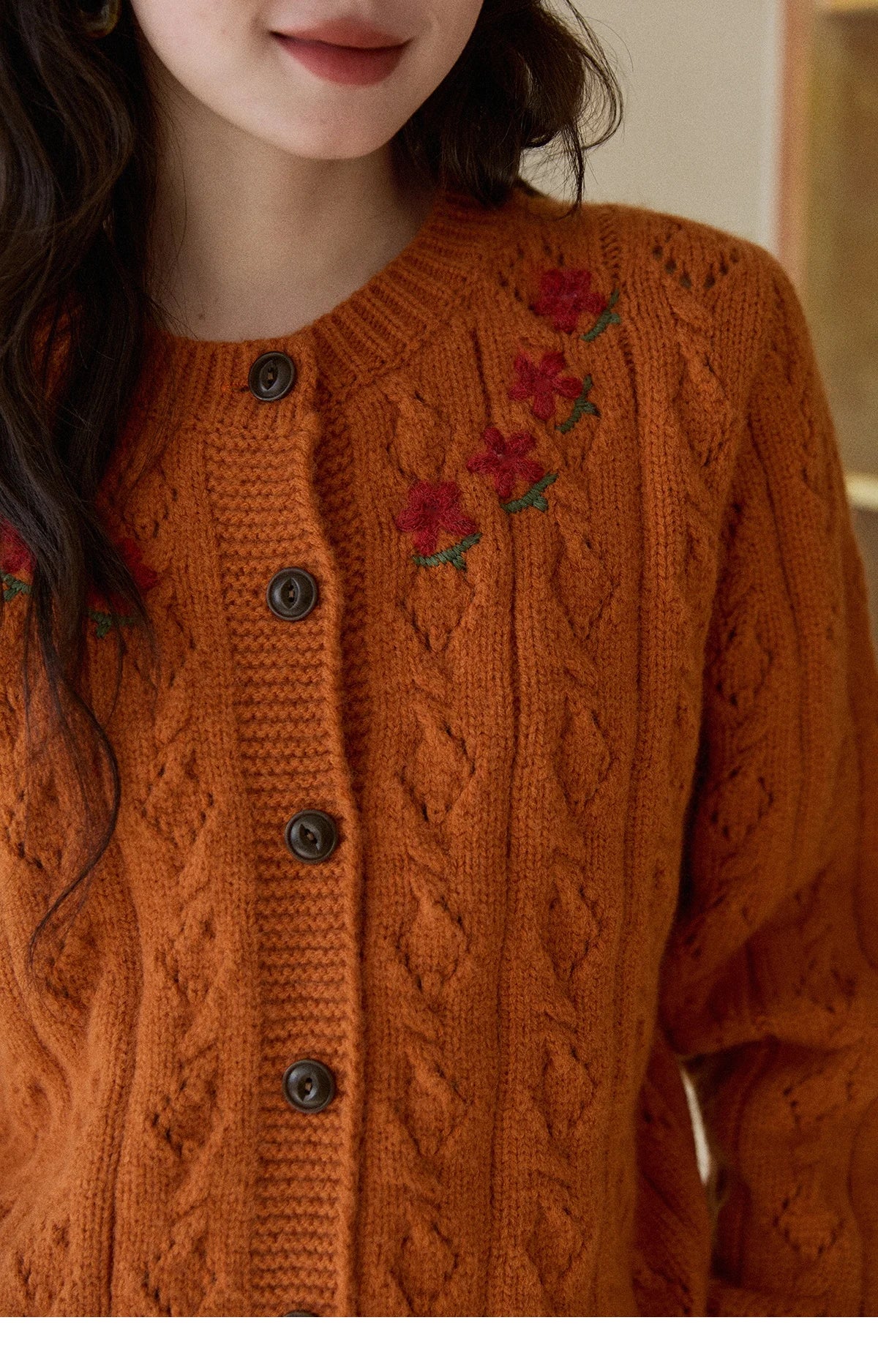 MISHOW Cardigan Woman 2025 Winter Fashion Orange Cable Knit Cardigan Floral Embroidery Retro O-neck Thick Knit Top MXE86Z2737