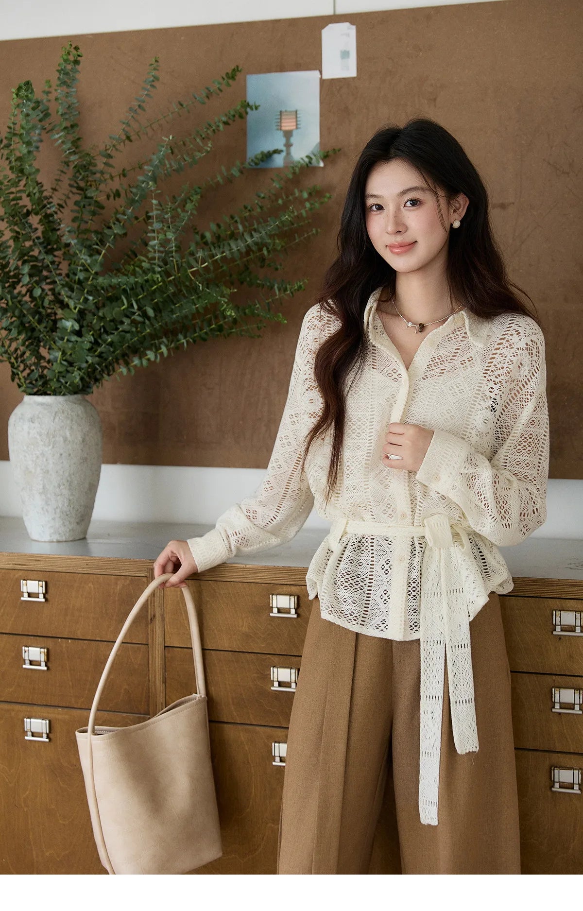 MISHOW Women's Hollow-out Lace Shirt Camisole Set 2026 Spring Lapel Drawstring Waist Sheer Casual Two-Piece Knitwear MXF108C0816