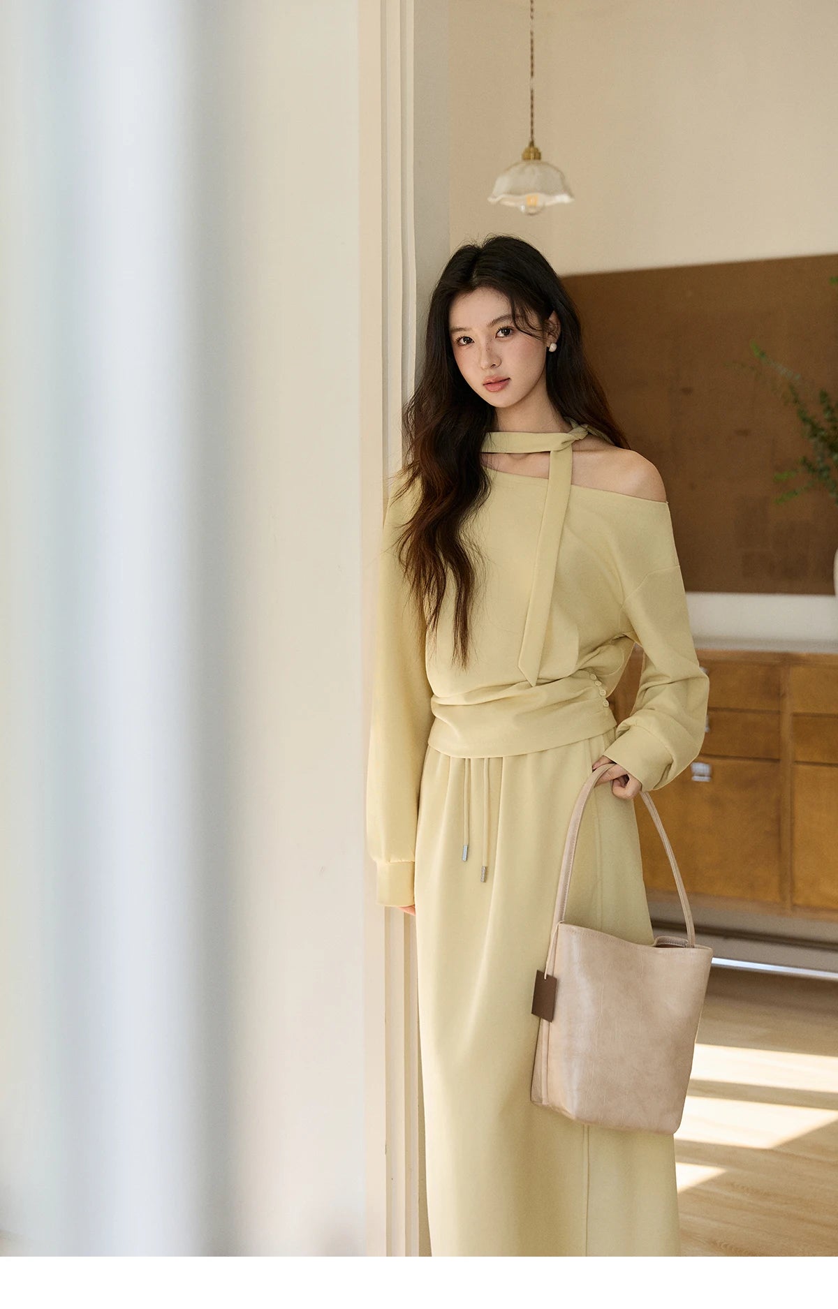 MISHOW Women's Light Yellow Two-Piece Set Asymmetrical Off-shoulder Pullover Top Rear Fork Midi Skirt Set with Ribbon MXE11T1489