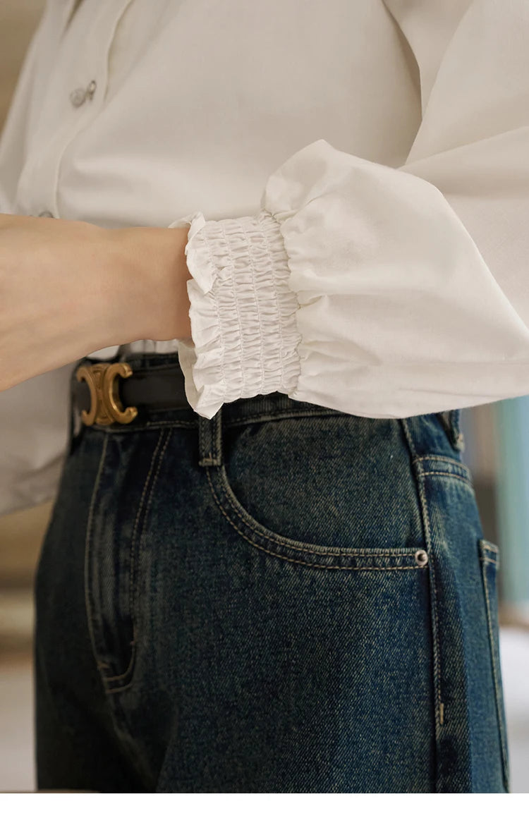 MISHOW Korean Doll Neck Shirt 2024 Spring Lace Patchwork Bubble Sleeve Elastic Hem Double Breasted Solid Short Tops MXD12C0164