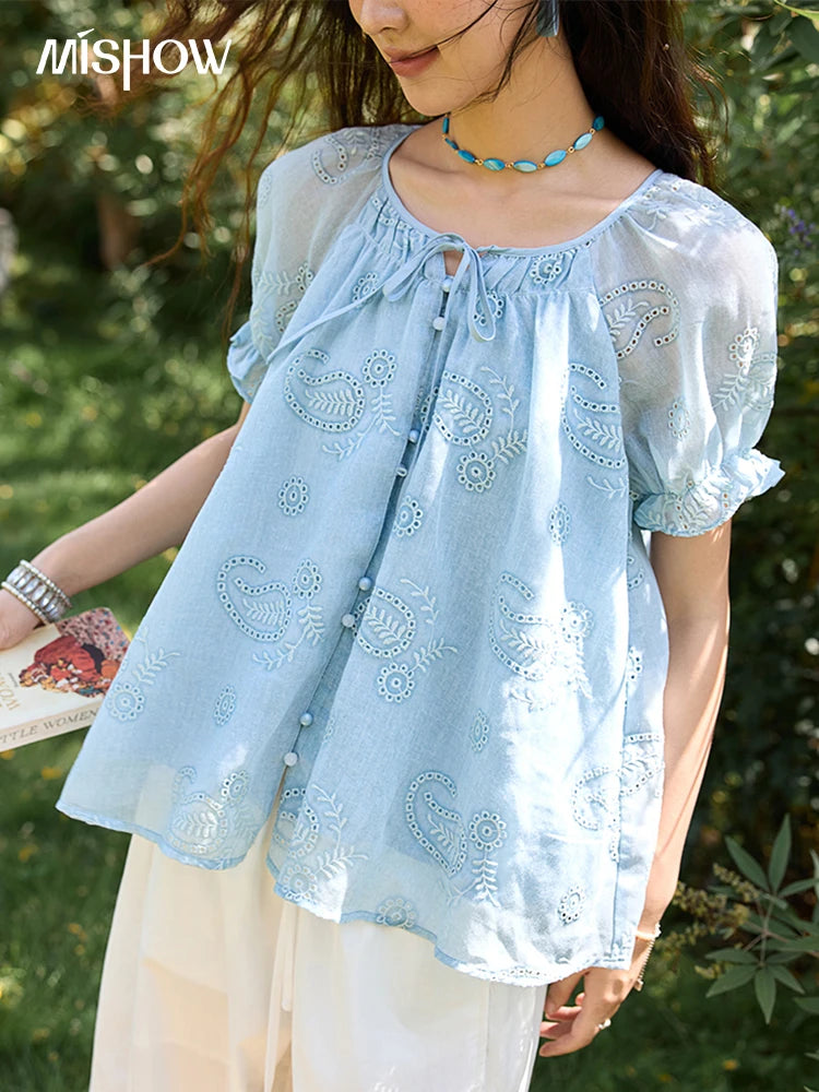 MISHOW Embroidery Flower Shirt for Women 2025 Summer New Fashion Loose Puff Sleeve Round Neck Top Female Clothing MXE39X1922